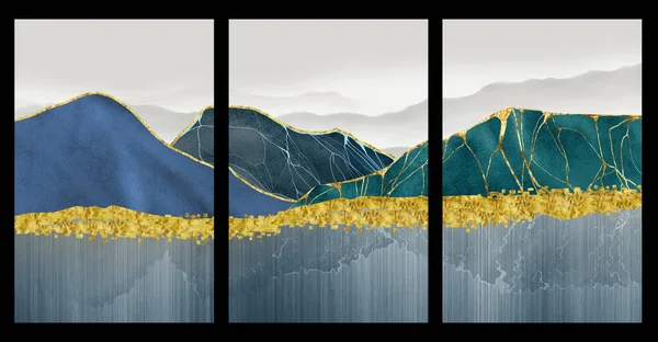 3d modern landscape art wall decor. golden waves, colorful blue, turquoise, and gray mountains.  for use as a frame on walls