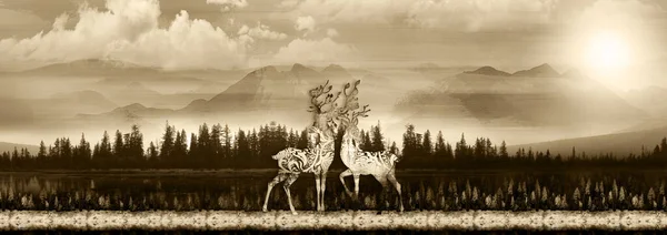 3d natural landscape. sky, trees, mountains and deer. golden wallpaper background