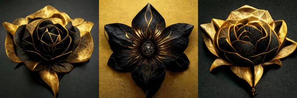 Fractal Flowers Golden Black Liquid Marble Background Resin Geode Abstract —  Fotos de Stock