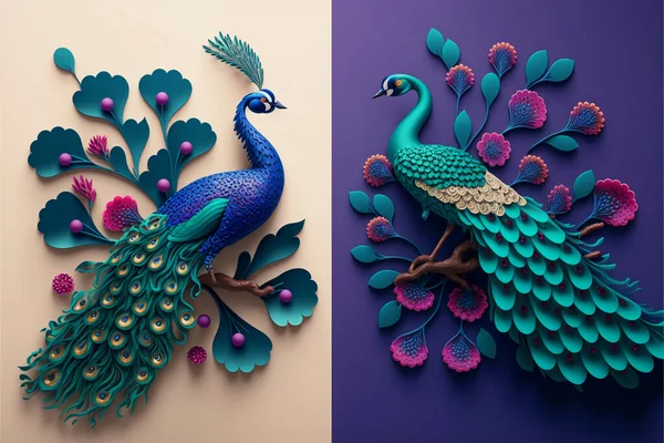 peacock on branch wallpaper. colorful flowers 3d mural background. wall canvas poster art