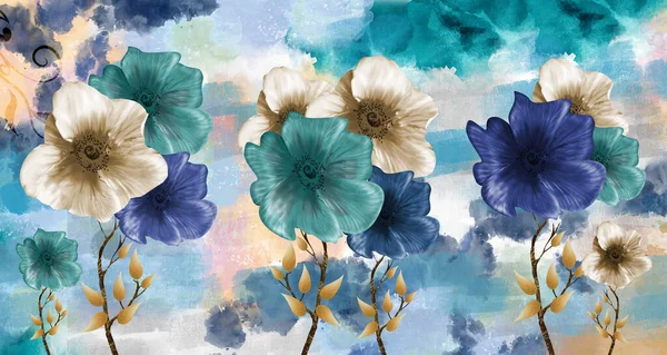 Mural Papel Parede Com Pintura Floral Simples Fundo Desenho Flores — Fotografia de Stock