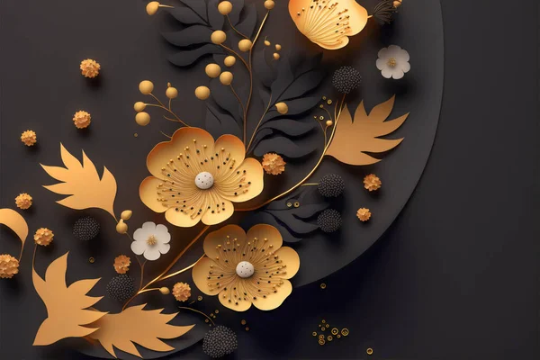 3d mural floral wallpaper. golden and black flowers and leaves. 3d render background wall decor