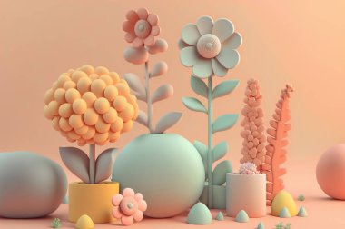 3 boyutlu çiçek desenli duvar kağıdı. açık arkaplanda turuncu, gül, yeşil ve sarı çiçekler. Çocuk odası dekorasyonu için.