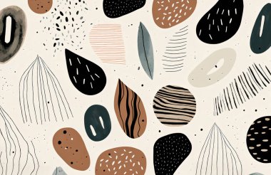 3D çizim boho tasarım duvar kağıdı. açık arkaplanda yapraklar, çizgiler ve şekiller çizer