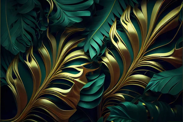 3d wallpaper, abstract foliage, and botanical background. green tropical forest wallpaper of a branch. golden and dark green leaves