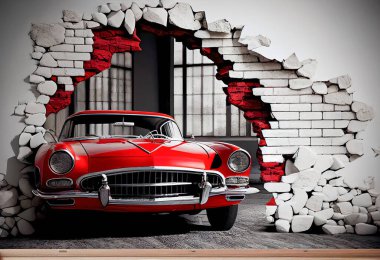 3 boyutlu duvar kağıdı, duvar tuğlaları ve klasik kırmızı bir araba. Renkli arka planda bir dünya haritası. Çocuklar ve çocuklar için yatak odası duvar kâğıdı .