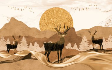 Kahverengi, orman ve beyaz mermer kaplamalı 3D modern tuval duvar kağıdı. Geyikler, Noel ağaçları, dağlar, kuşlarla gün doğumu.