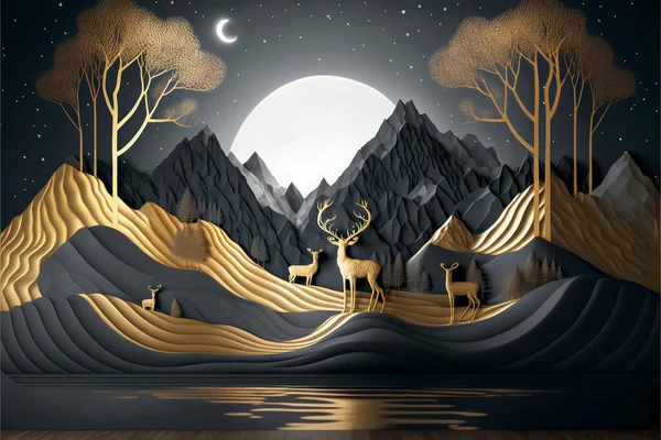3d mural wallpaper with gray background golden mountains and a white moon. golden tree deer with antlers and . flat modern background for the kid's room. For use as a frame on walls