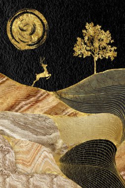 Art mural wallpaper with dark marble, black forest background golden Christmas tree, mountain, golden deer, golden sun. for canvas used as a frame on walls