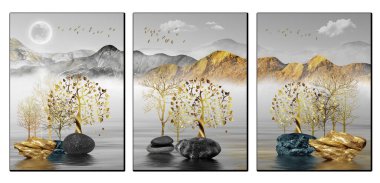 3d chinese landscape. gray background golden tree and birds , mountains and white clouds. stone in water. for canvas art print