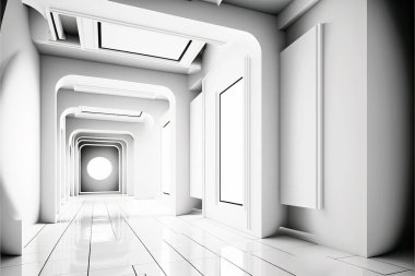 3d abstract white metal mural wallpaper. Illustration background tunnel. empty light room hall background