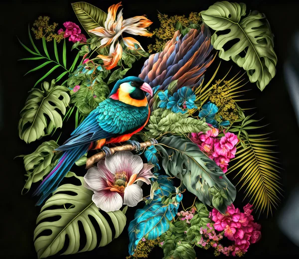 3d digital art. Drawing colorful wallpaper. tropical forest, multicolor birds, tropical plants, and flowers