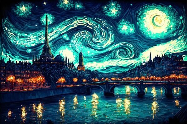 Painting digital art. Paris galaxy night landscape. Cinematic lighting, Van Gogh style. 3d colorful background