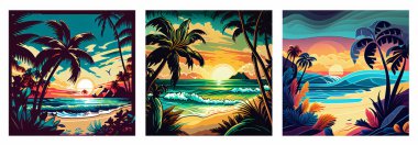 Tropical beach scene, depicted in shades of blue, green, and sandy brown with palm trees.