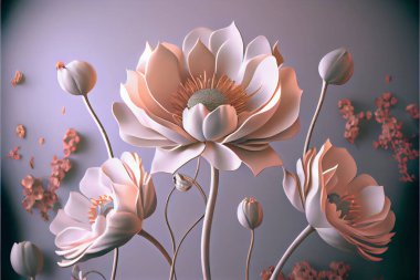 3d mural wallpaper with simple floral painting light gray background. drawing modern flowers for bedroom decor