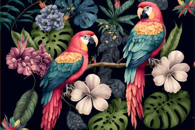 Üç boyutlu dijital sanat. Renkli duvar kağıtları çiziyorum. Tropikal orman, çok renkli kuşlar, tropikal bitkiler ve çiçekler