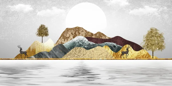 Chinese landscape art. Drawing black, brown, and golden mountains. sun, trees, birds, and sky in a light background. 3d modern canvas art mural wallpaper