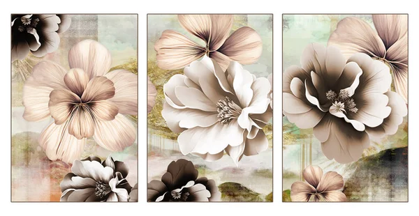 3d art painting flowers mural wallpaper with simple floral painting brown golden grung background. drawing modern rose flowers