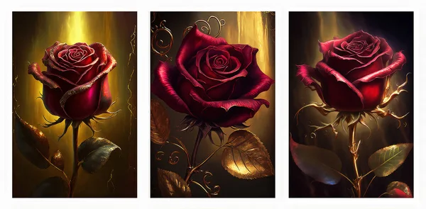 Set Three Roses Golden Black Background Golden Leaves Branches Red — Stockfoto