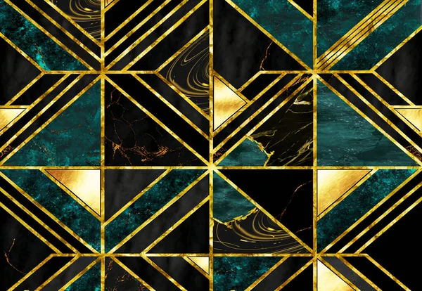 3d abstract wallpaper. dark black and turquoise marble background. golden shapes and lines. for interior home decor