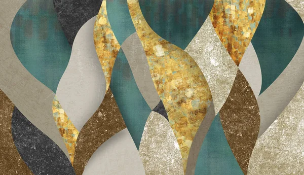 3d Abstract wallpaper for a canvas print. Light turquoise, brown, black-gray, and golden pattern background.