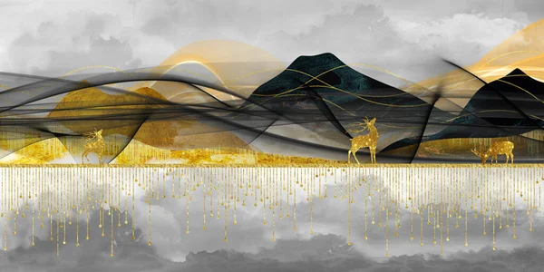 Chinese landscape art. Drawing black, brown, and golden mountains. sky in a light background. 3d modern canvas art mural wallpaper