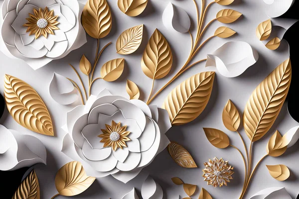 3d floral craft wallpaper. golden, gray, golden and yellow flowers in a light background. for room wall decor
