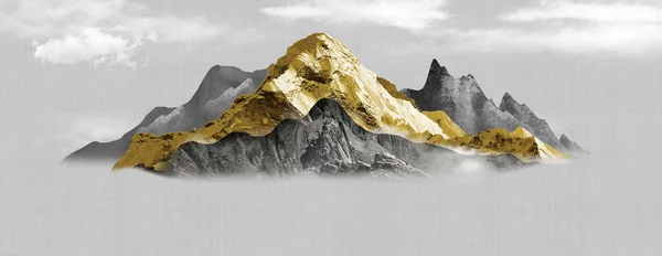 Chinese landscape art. Drawing black, gray, and golden mountains. sky in a light background. 3d modern canvas art mural wallpaper
