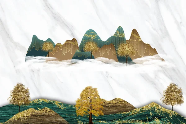 3d Chinese landscape wallpaper art. golden trees and colorful wavy marble mountains. In light gray marble background