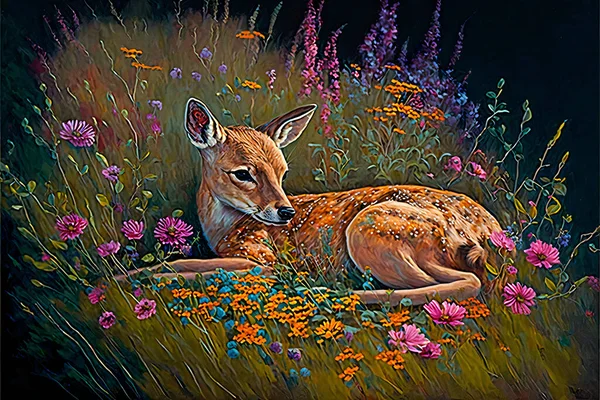Drawing colorful deer, and flowers wall digital art. 3d modern painting wall decor on light background