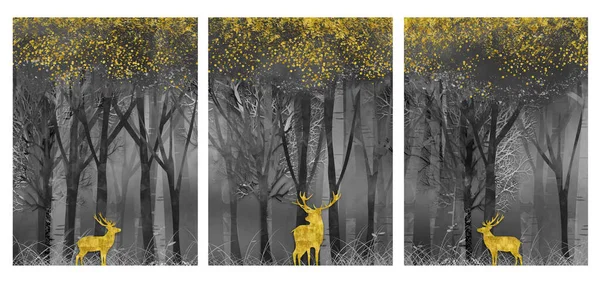 trees, golden deer, golden dots, black and gray luxurious abstract art, and digital painting forest night landscape. 3d modern mural wallpaper.