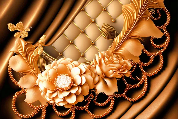 Väggmålning Illustration Bakgrund Med Gyllene Smycken Och Blommor Cirklar Dekorativa — Stockfoto