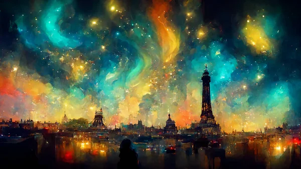 巴黎星系的夜景3D彩色背景 数码艺术绘画 — 图库照片