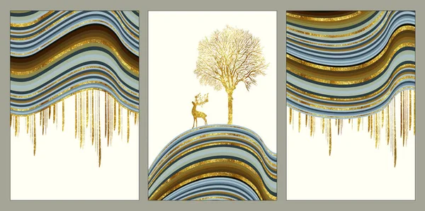 Minimalism wall canvas poster art. 3d wavy marble, golden tree, and deer in the creme color background