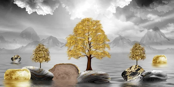 3d Chinese landscape wallpaper. gray background with golden trees, deer, mountains, and white clouds. golden, black, turquoise stone in water.