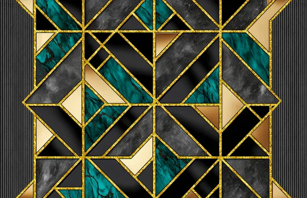 3d abstract marbled wallpaper. dark pattern black and turquoise marble background. golden shapes and lines. for interior home decor