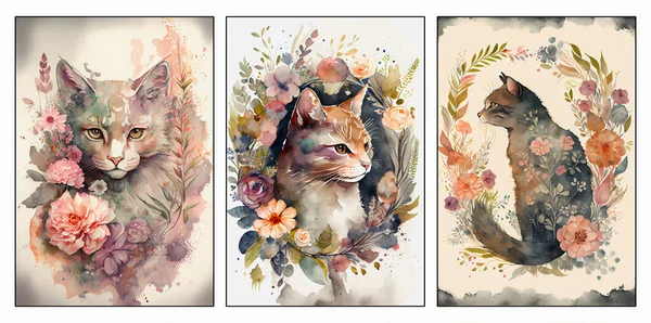 花の背景に猫のコラージュ 壁のポスターの装飾のためのキャンバスアート — ストック写真