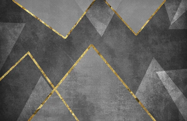 3d modern abstract mural wallpaper. Golden lines with gary and golden triangles shape sand dark background