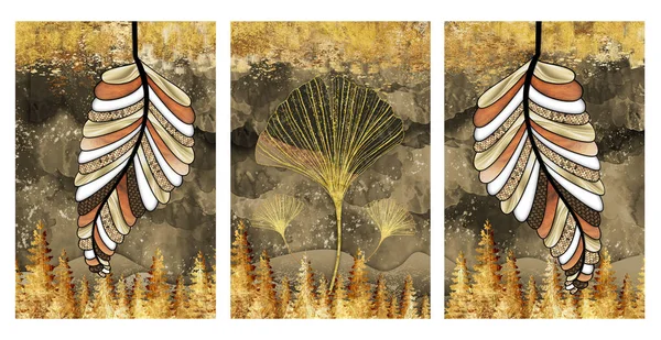 Σχέδιο Καφέ Φόντο Χρυσά Κύματα Σχήματα Τυρκουάζ Φύλλα Χρυσού Δέντρου — Φωτογραφία Αρχείου