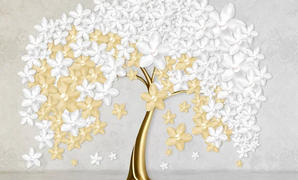 3d wallpaper abstract floral tree background with white and golden flowers. Mural for interior home wall decor