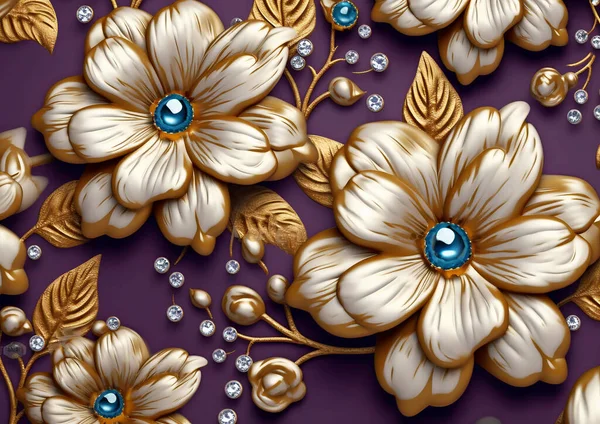 Arte Mural Flores Papel Parede Rosa Flores Fundo Roxo Dourado — Fotografia de Stock