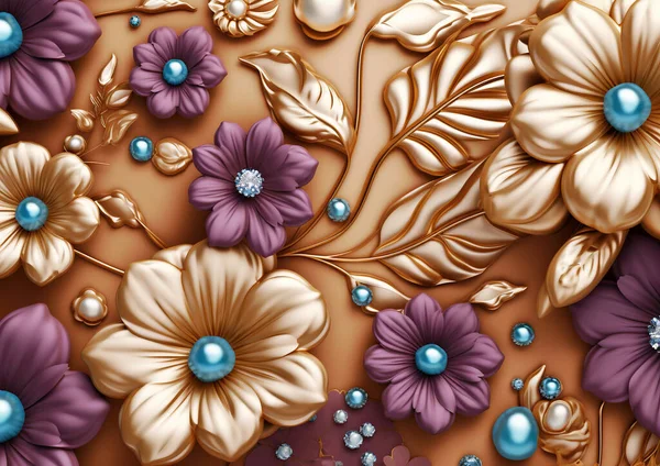 Arte Mural Flores Papel Parede Rosa Flores Fundo Roxo Dourado — Fotografia de Stock