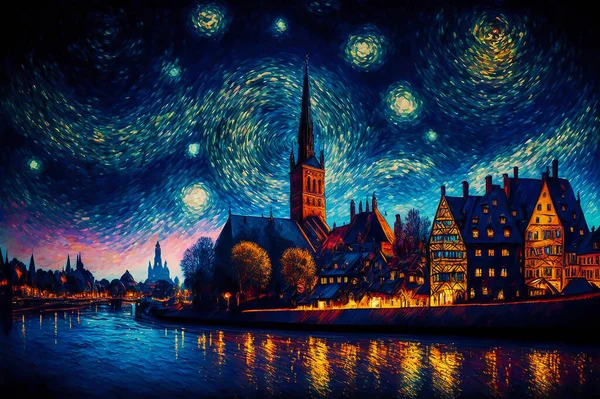 Painting digital art. German galaxy night landscape. 3d colorful background. van Gogh style artwork
