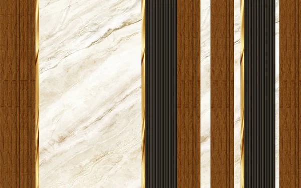 Modern Marmeren Wanddecor Behang Abstracte Gouden Lijnen Houten Bruine Vormen — Stockfoto