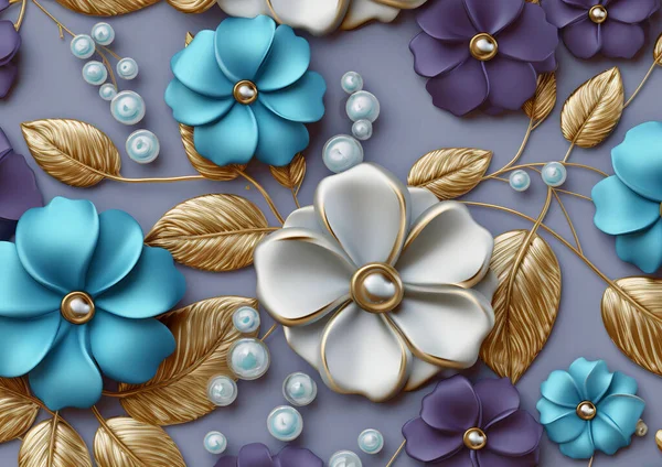 3d floral wallpaper with silver pearls. rose, purple and golden flowers. Abstract leaves branches