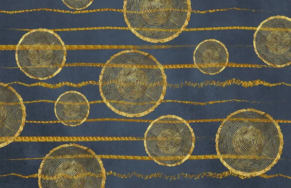 Abstraktní Tapetová Malba Zlaté Křivky Kruhy Černém Pozadí — Stock fotografie