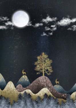 3D modern sanat duvar kâğıdı koyu mavi orman, koyu mavi arka plan renkli Noel ağacı, altın geyik ve dalgalı dağlar. Duvardaki duvar iskeleti için.