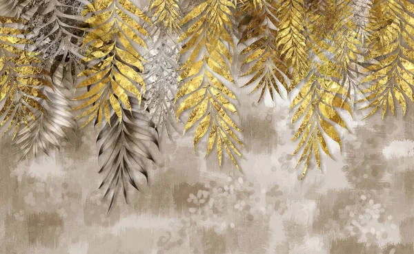 3d classic wallpaper. golden branches tree leaves in drawing mural background for bedroom decor