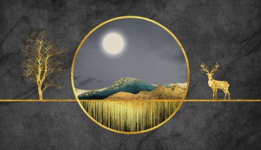 3D modern sanat duvar resmi duvar kâğıdı siyah mermer arka planda. Renkli dağlar, altın geyikler, altın ağaçlar ve altın çizgiler..