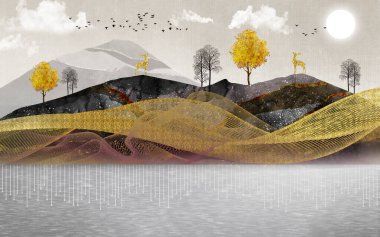 Beyaz bulutlu açık arkaplanda altın, siyah ve gri dağları olan siyah altın ağaçlar. 3D Illustration Hill duvar kâğıdı tablo sanatı